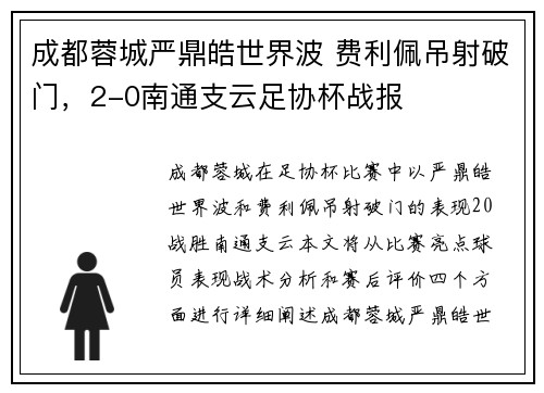 成都蓉城严鼎皓世界波 费利佩吊射破门，2-0南通支云足协杯战报